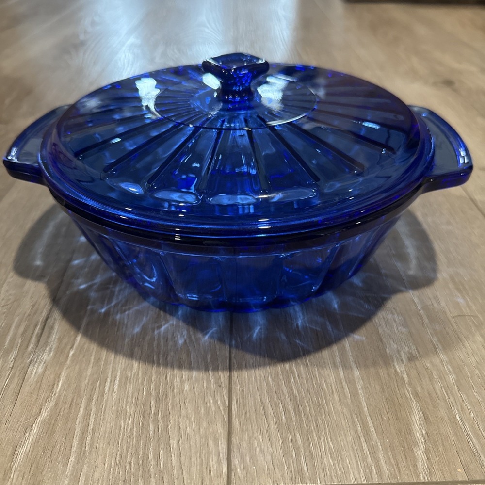 Vintage Anchor Hocking Cobalt Blue Casserole Dish With Lid 2QT‎ Ribbed / Fluted